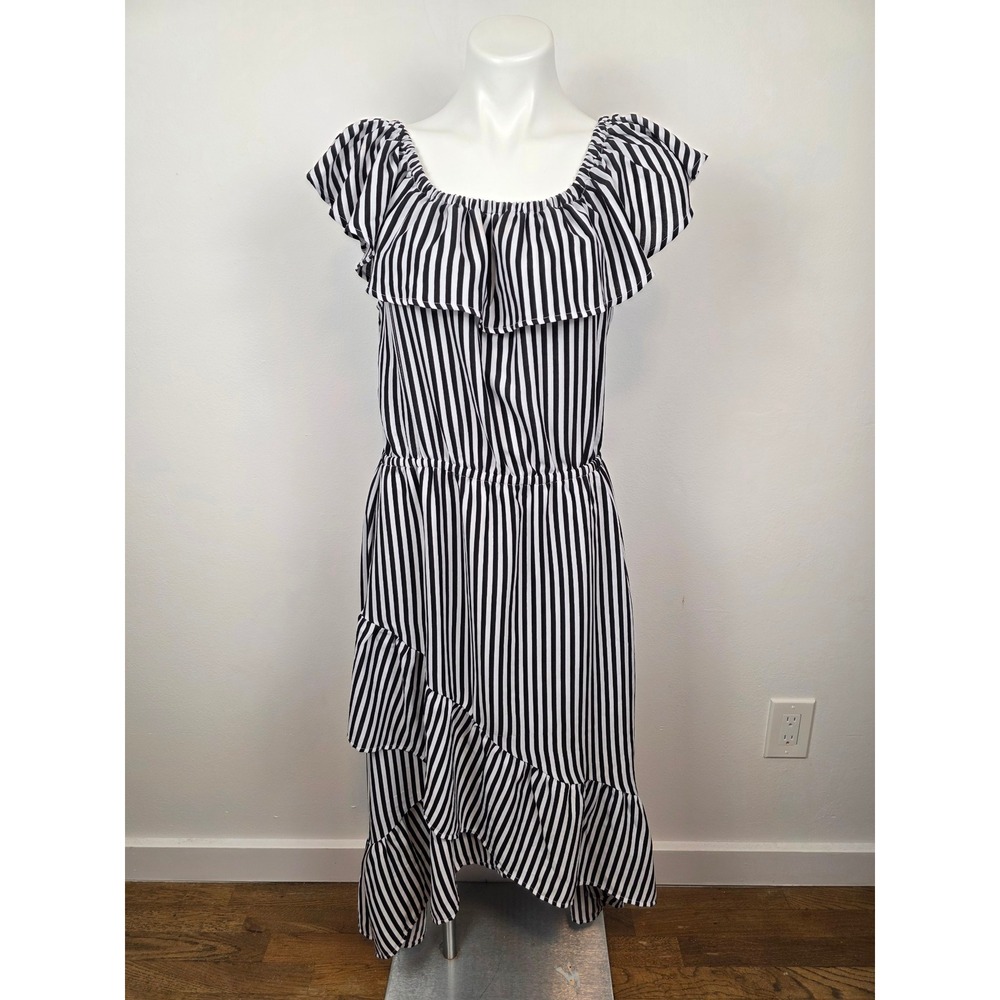 Tommy Bahama Womens Black White‎ Striped Off The Shoulder Maxi Dress Medium